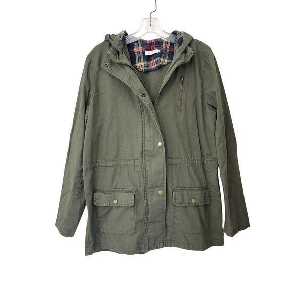 Blu Pepper Jackets & Blazers - Blu Pepper Women's Green Jacket With Plaid Lined Hood Long Sleeve Snap & Zipper